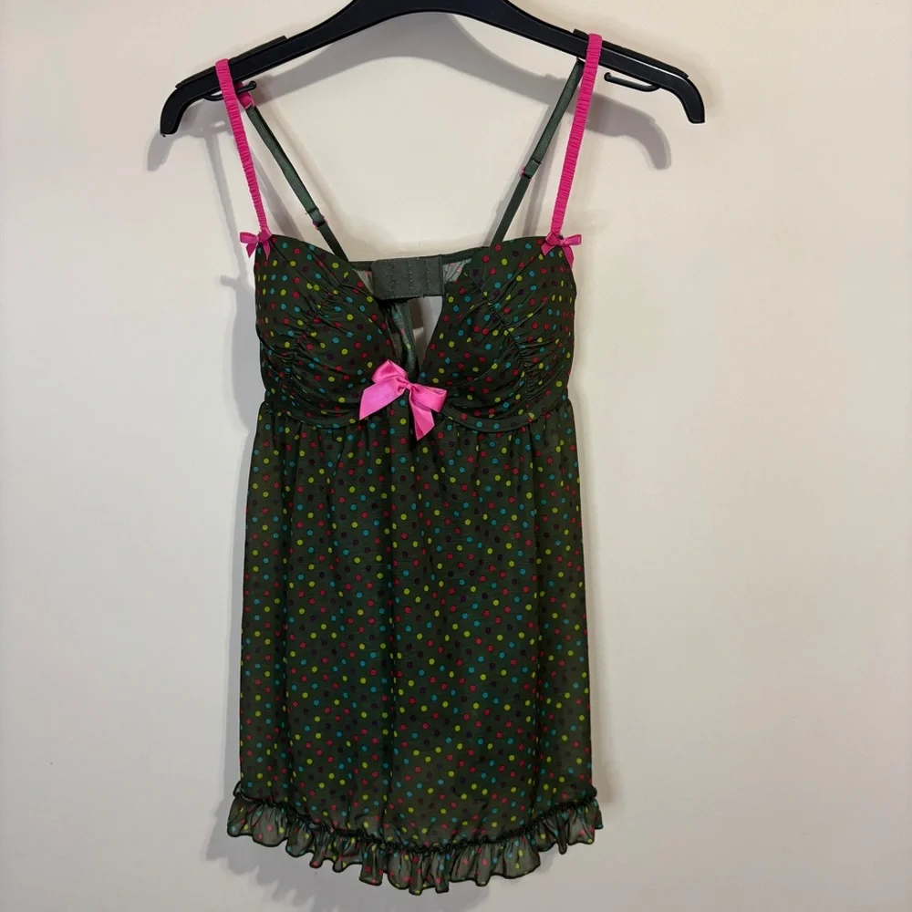 La SENZA sz M Green & Multicolour Polka Dot Chemise with Pink Straps & Bow - Picture 1 of 9